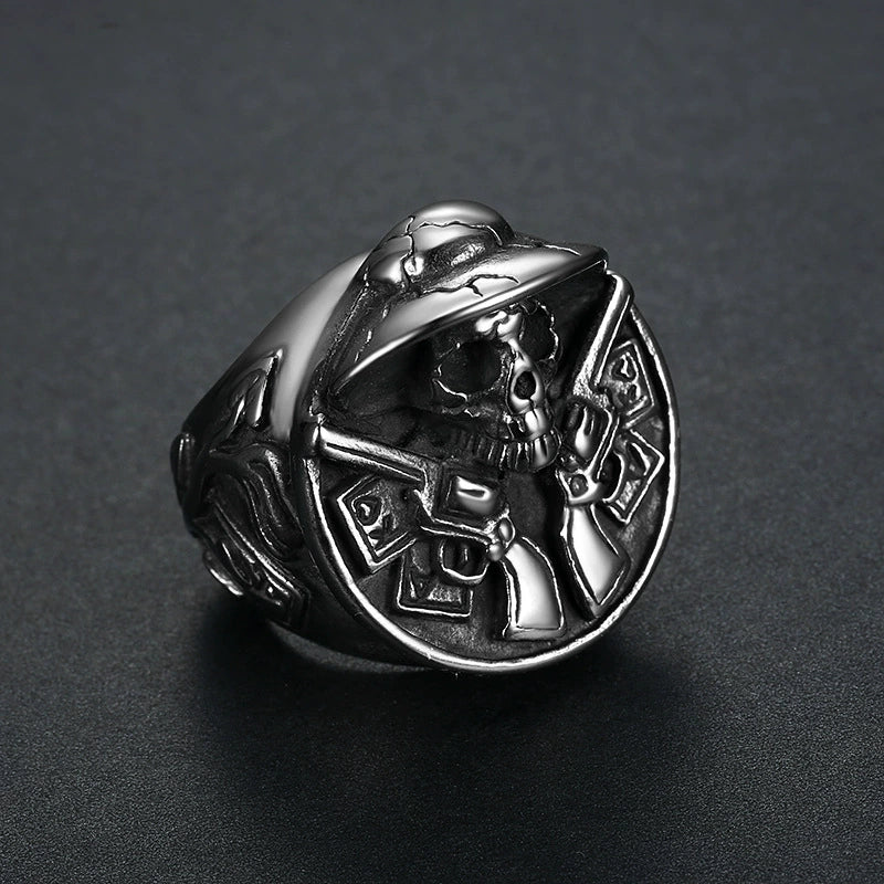 Men's Stainless Steel Retro Skull Ring With Double Gun Pattern And Electroplating - Image 3