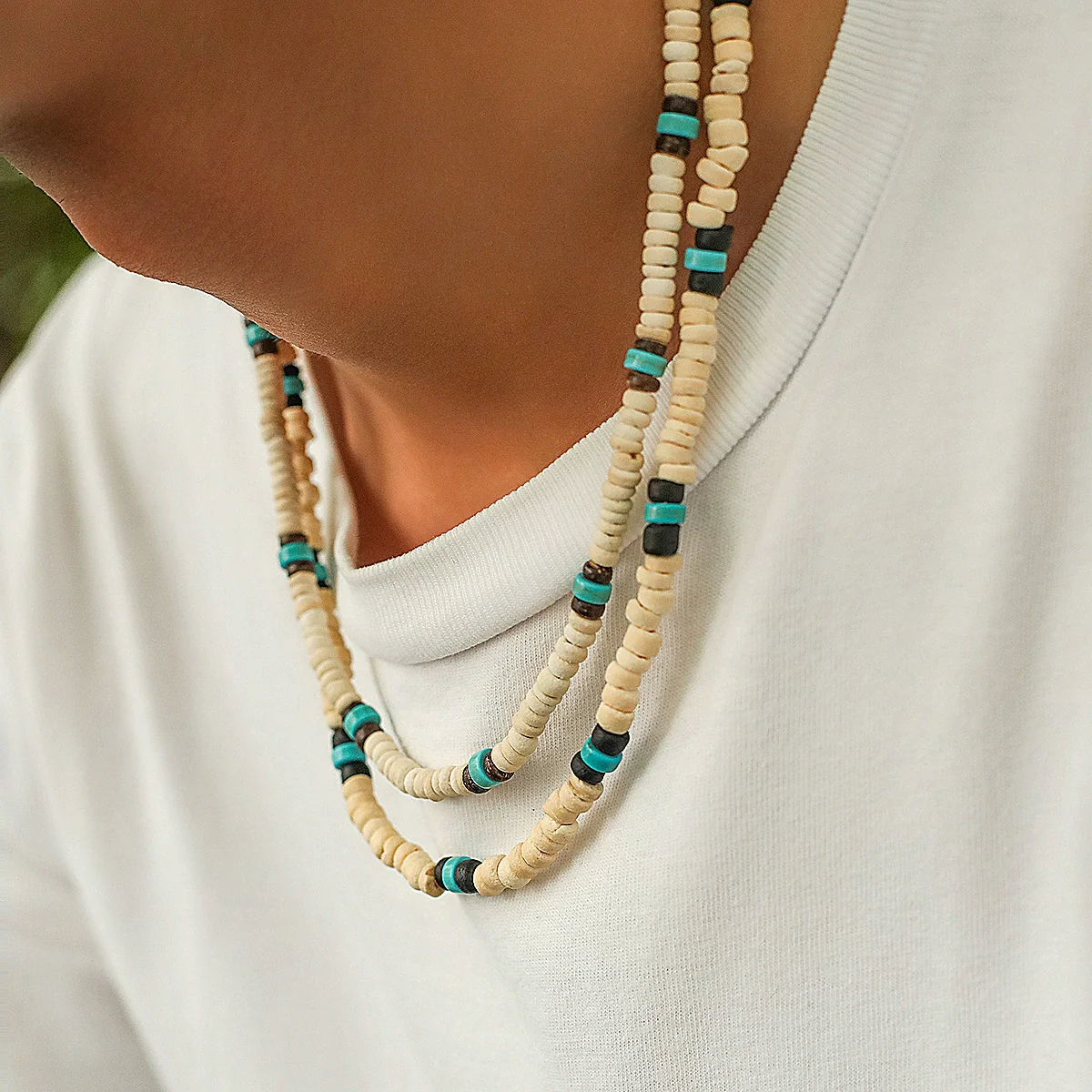 Men's Surfer Wooden Bead Necklace Handmade Geometric Style Coconut Shell Clavicle Chain