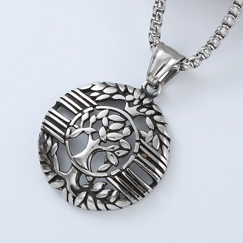 Men's Titanium Steel And Stainless Steel Retro Punk Style Geometric Tree Of Life Round Pendant Necklace Jewelry With Polishing Treatment - Image 12