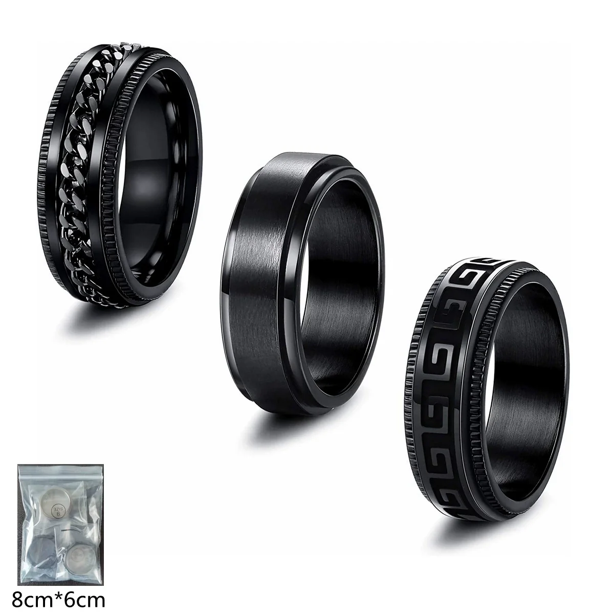 Men's Titanium Steel Rotating Decompression Ring Threepiece Set Black Electroplated Geometric Style
