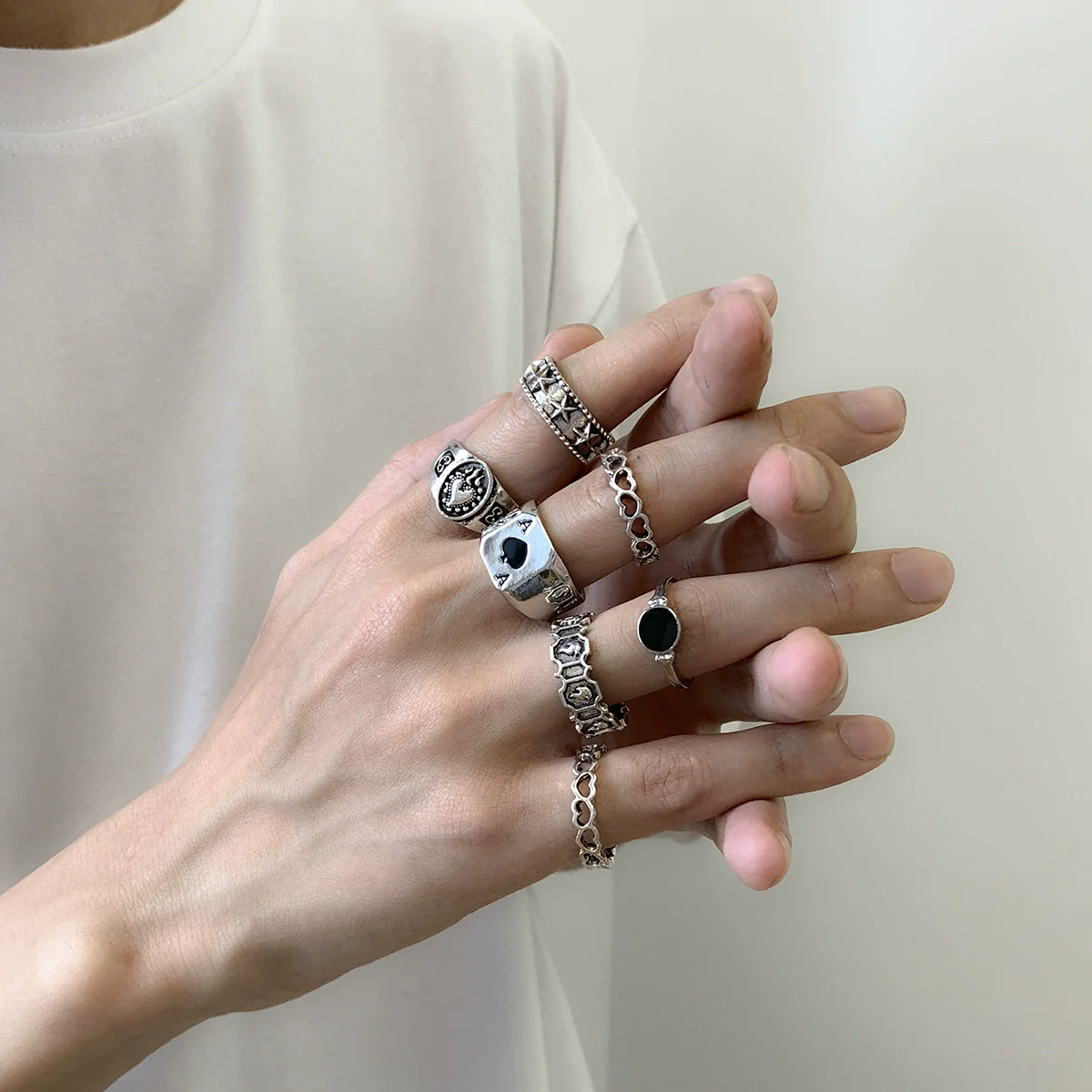 Men's Trendy Alloy Geometric Hollow Drop Finger Ring Set With Electroplating - Image 2