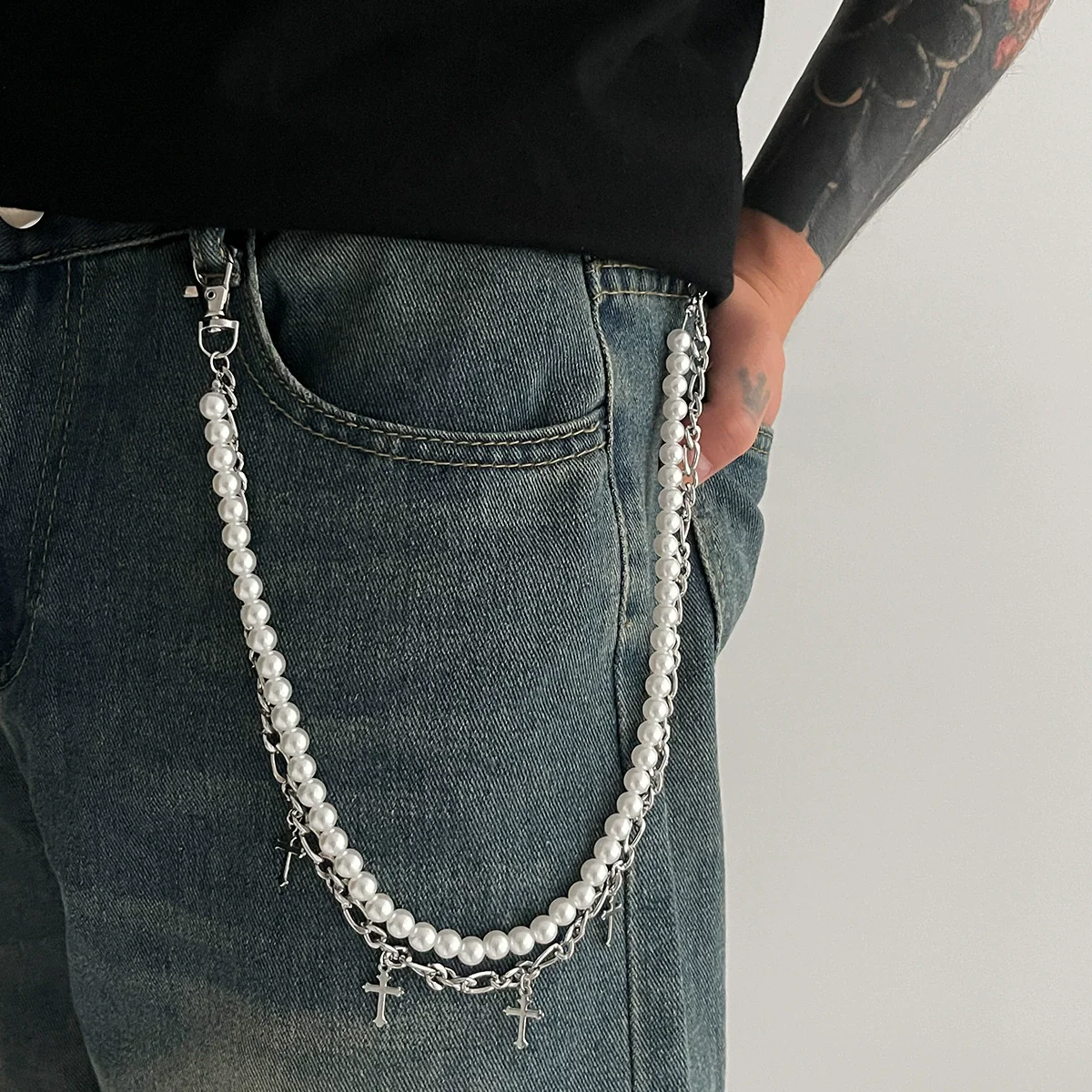 Men's Waist Chain Pendant Pearl Cross Metal Purely Handmade