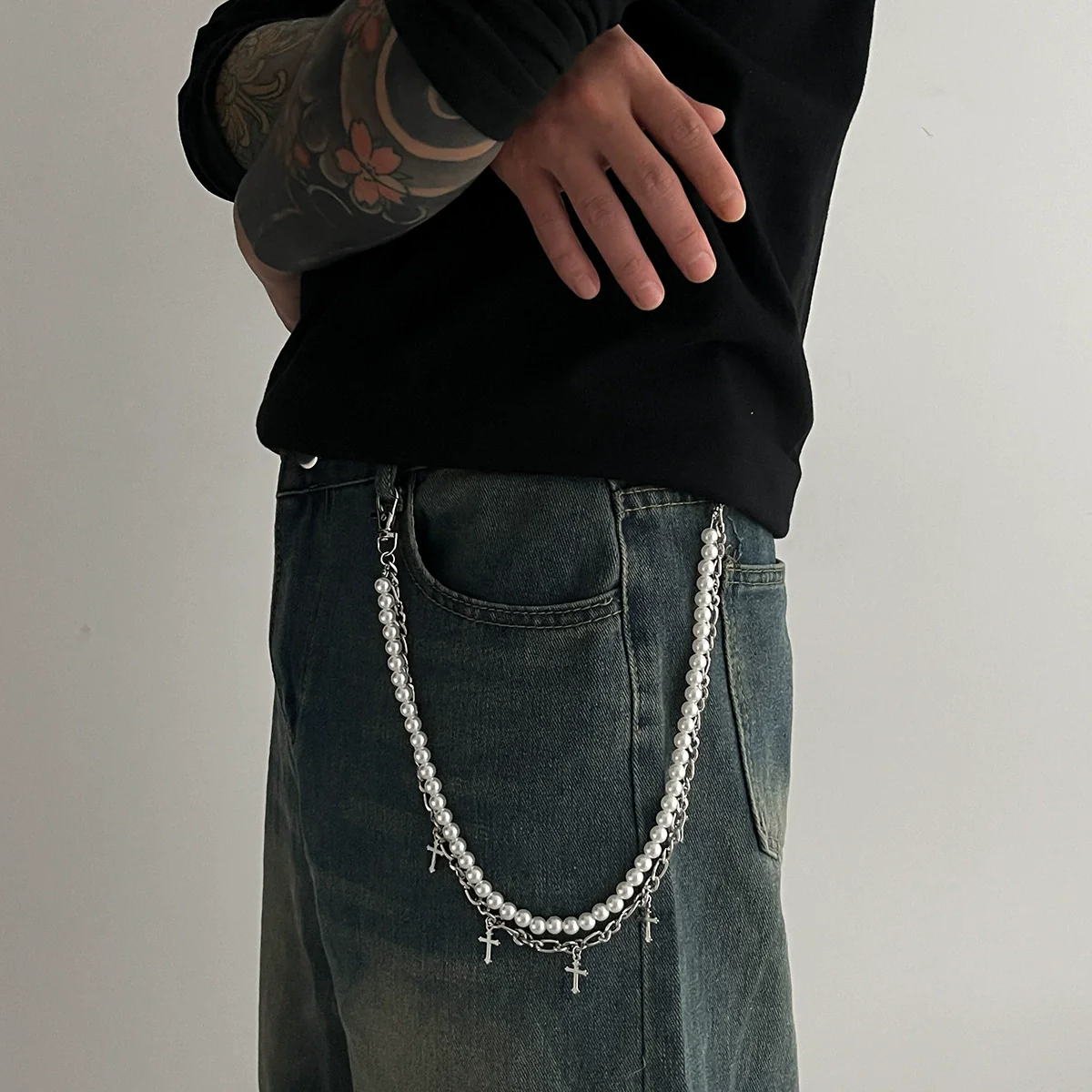 Men's Waist Chain Pendant Pearl Cross Metal Purely Handmade - Image 3