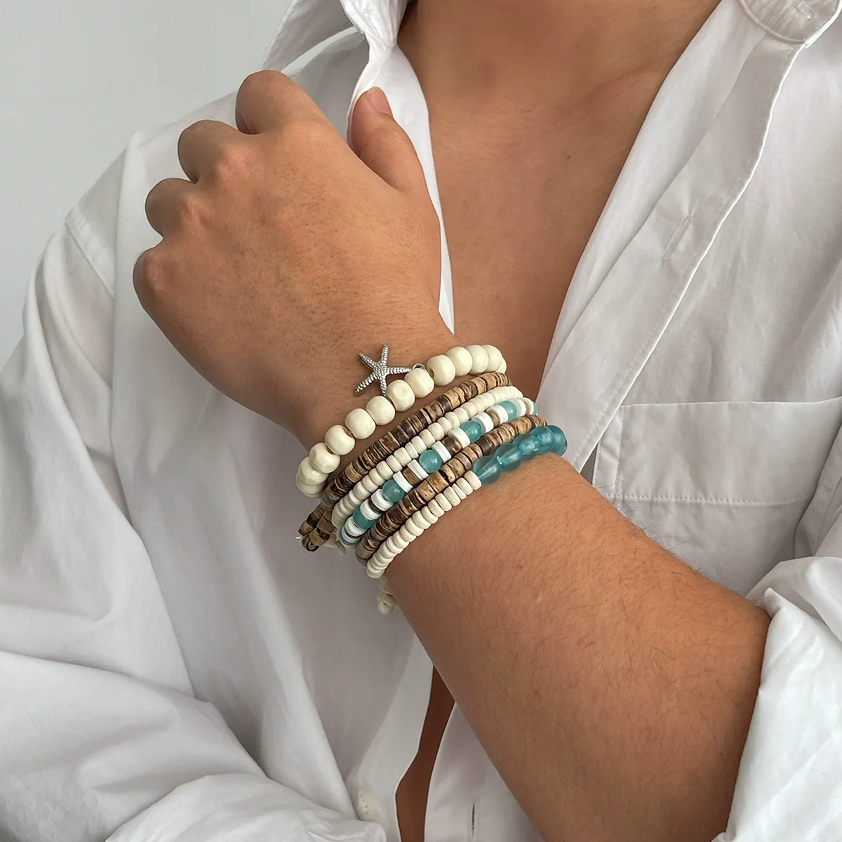 Men's Wood Coconut Shell Beaded Electroplated Bracelet Set Hiphop Trendy Highend