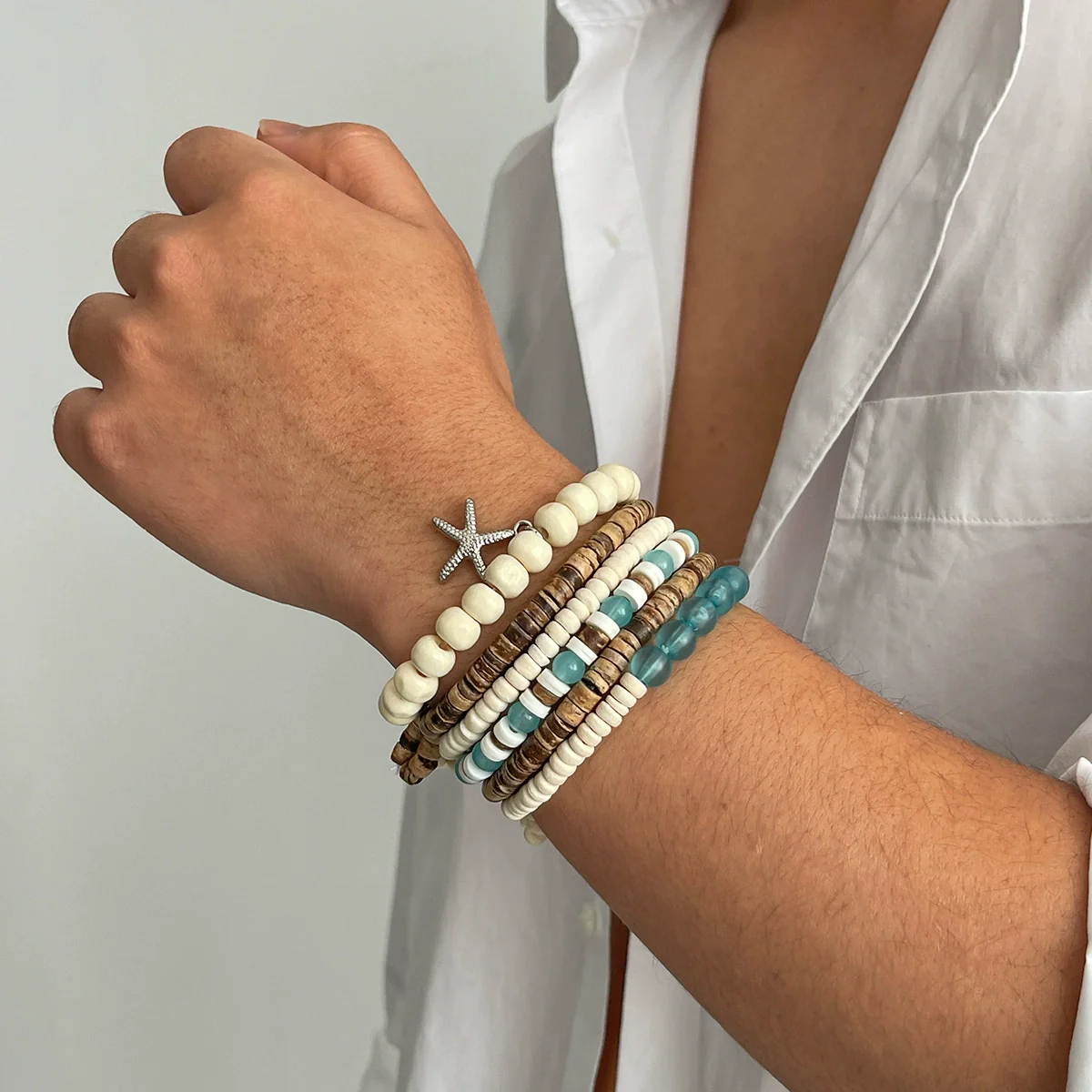 Men's Wood Coconut Shell Beaded Electroplated Bracelet Set Hiphop Trendy Highend - Image 2