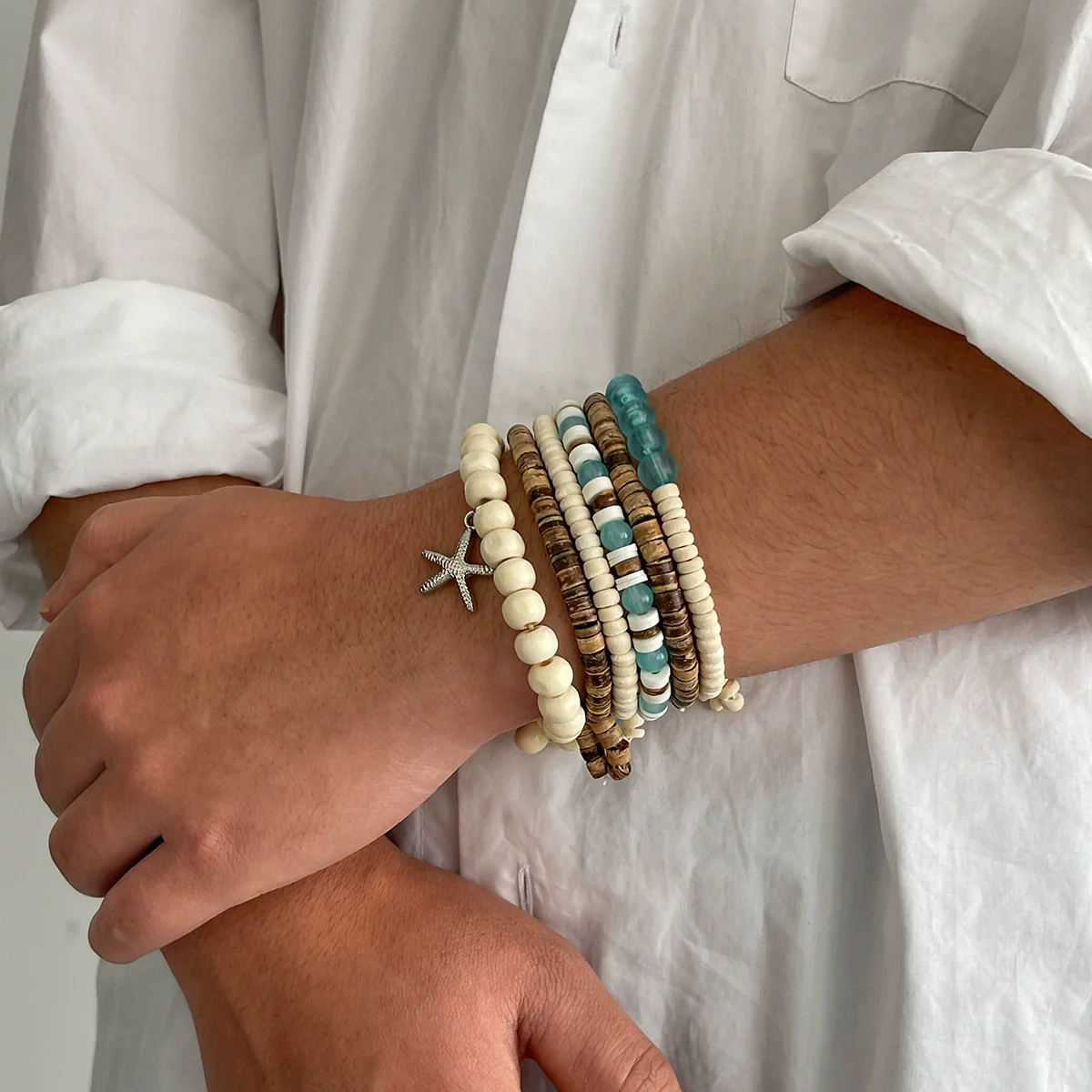 Men's Wood Coconut Shell Beaded Electroplated Bracelet Set Hiphop Trendy Highend - Image 3