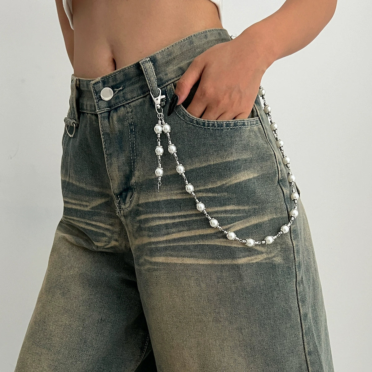 Metal Cross Pendant Pants Chain Punk Style Imitation Pearl Beaded Waist Accessory - Image 11