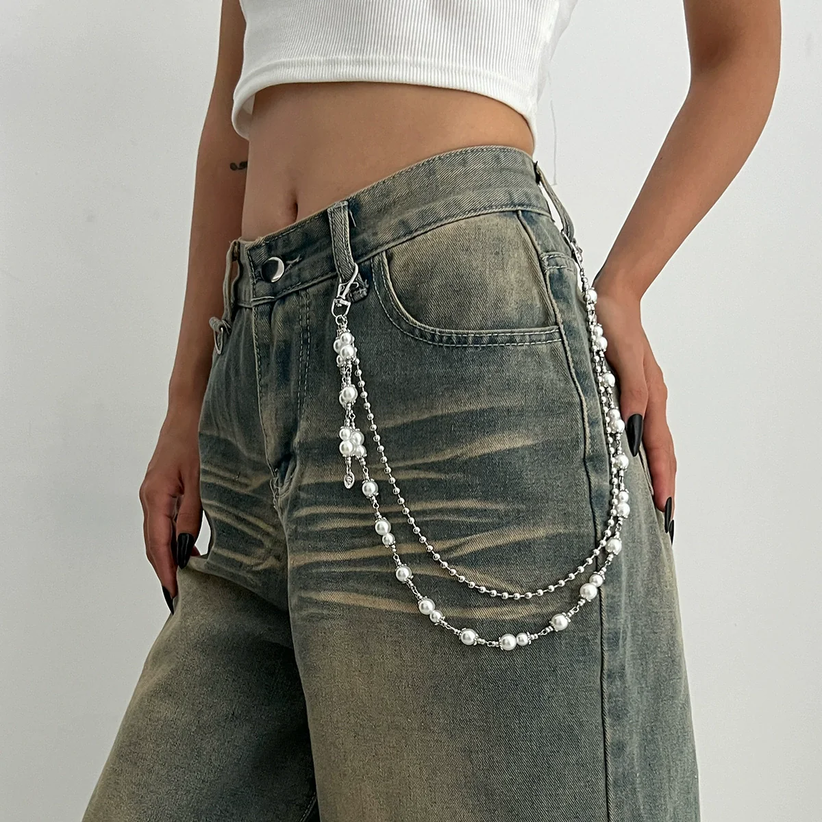 Metal Cross Pendant Pants Chain Punk Style Imitation Pearl Beaded Waist Accessory - Image 12