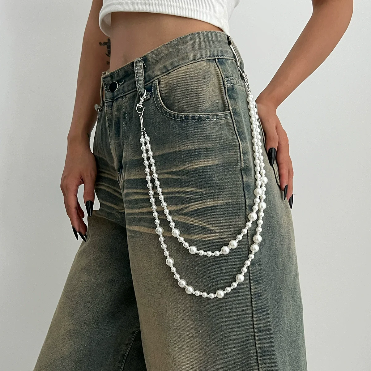 Metal Cross Pendant Pants Chain Punk Style Imitation Pearl Beaded Waist Accessory - Image 2