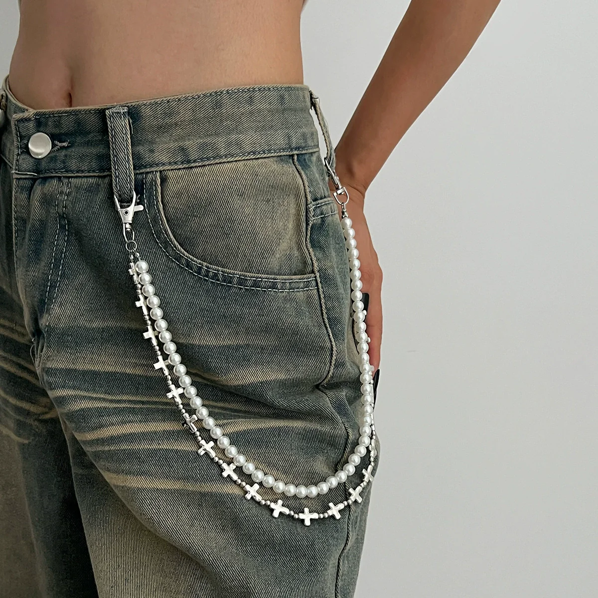 Metal Cross Pendant Pants Chain Punk Style Imitation Pearl Beaded Waist Accessory - Image 8