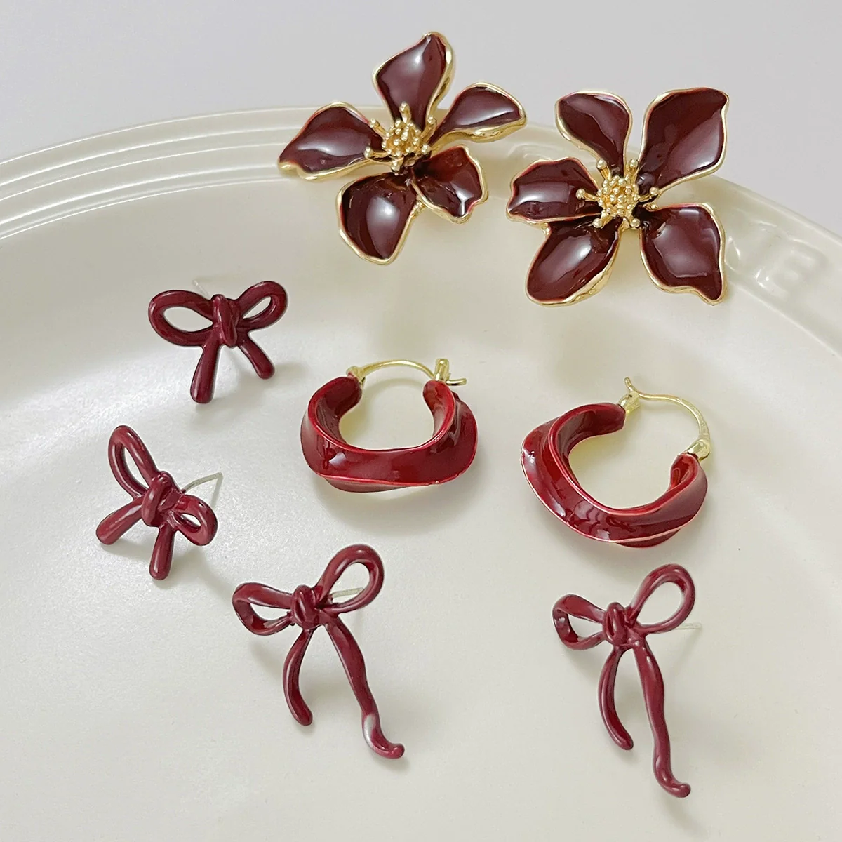 Metal Flower Bow Geometric Earrings With Electroplating For Women - Image 3