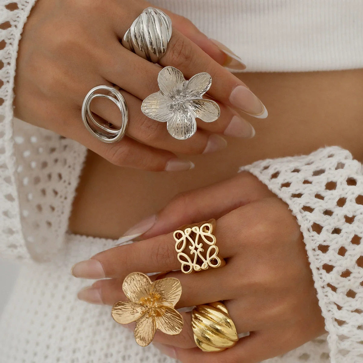 Metal Geometric Square Cut Out Flower Ring For Women With Electroplating - Image 2