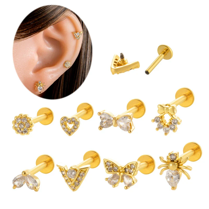Metal Geometric Style Inner Thread Flat Bottom Rod Love Butterfly Lip Nail Ear Bone Nail Piercing Jewelry For Women With Electroplating Treatment - Image 5