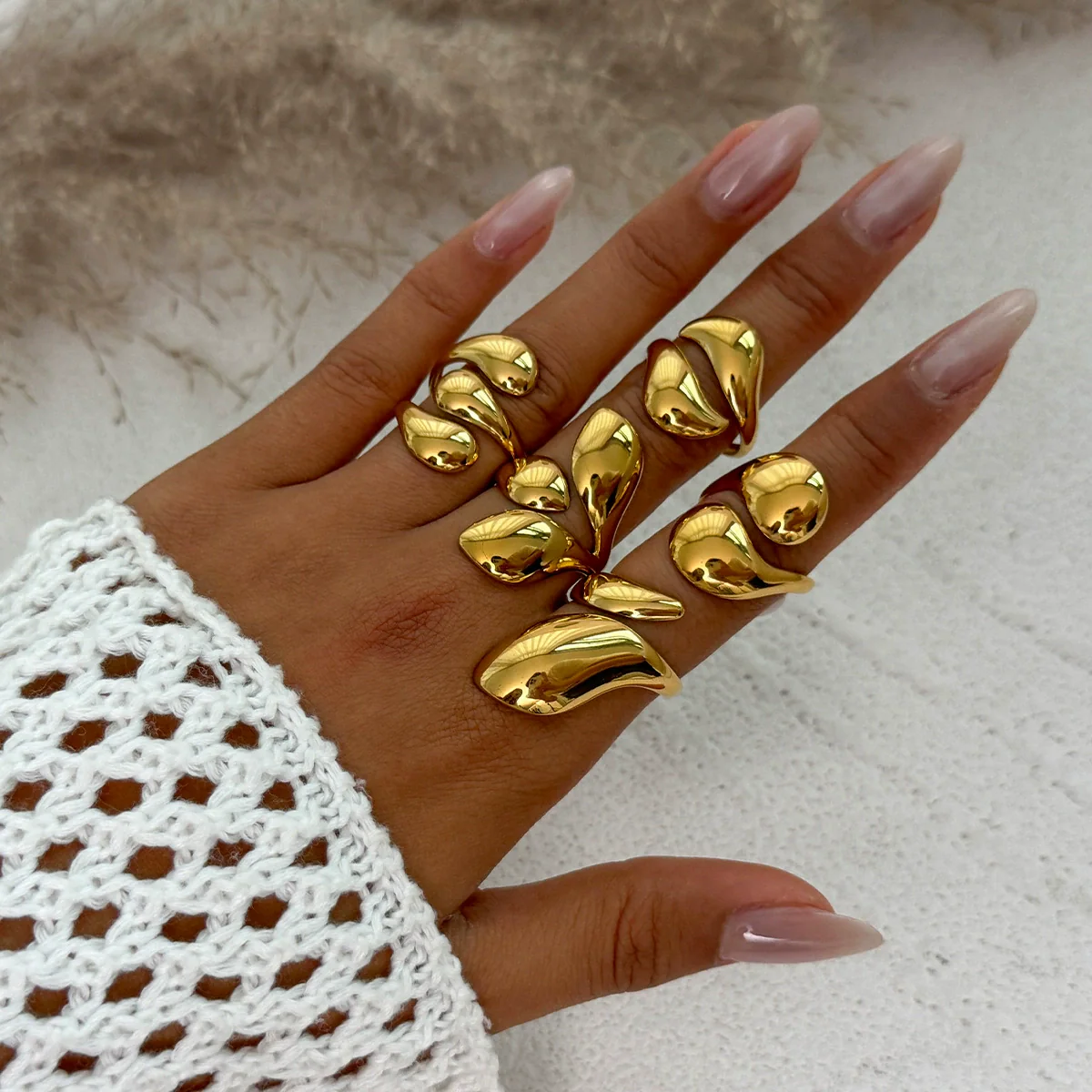 Metal Geometric Water Drop Hug Ring Set For Women With Electroplating Style - Image 14