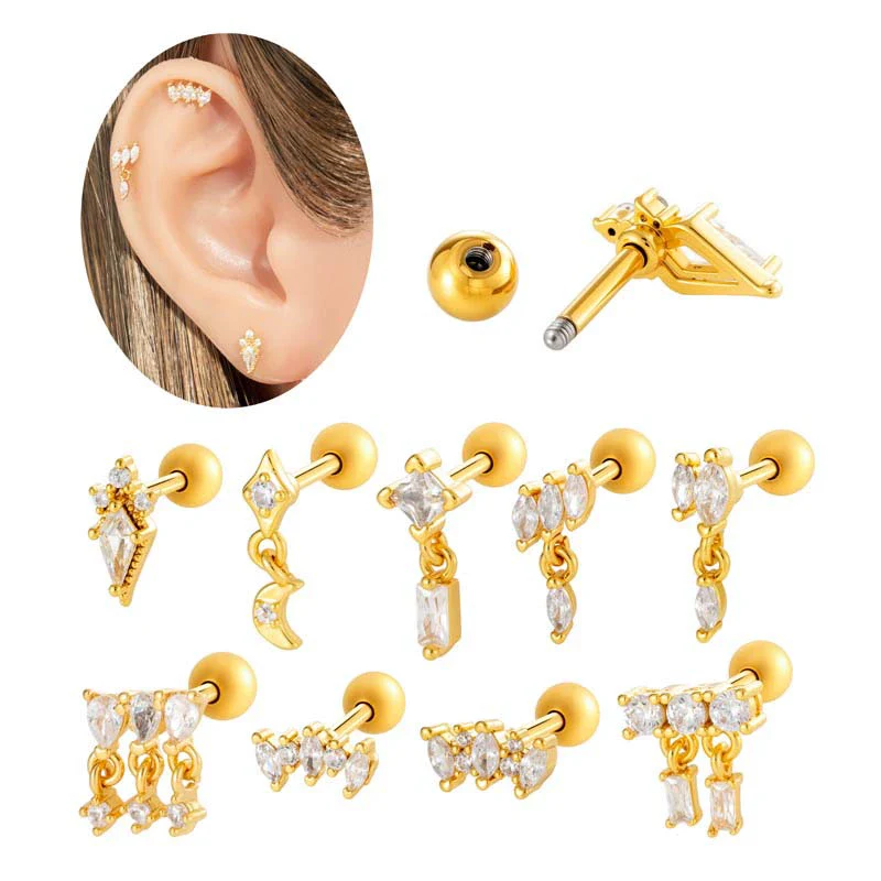 Metal Geometric Water Drop Zircon Inlaid Piercing Ear Nail For Unisex Fashion Style Set With Diamonds