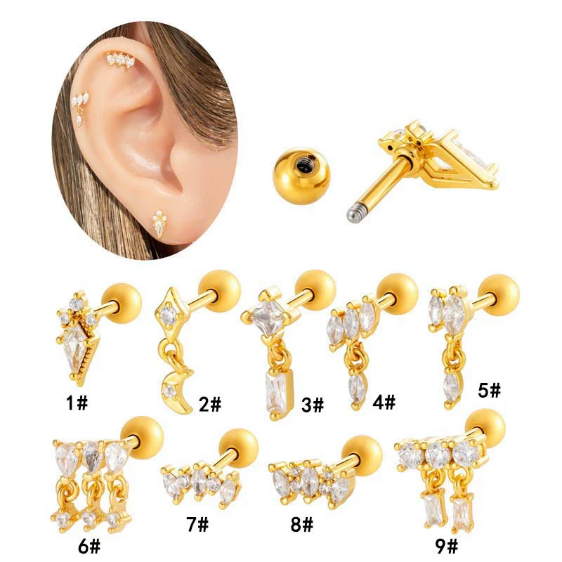 Metal Geometric Water Drop Zircon Inlaid Piercing Ear Nail For Unisex Fashion Style Set With Diamonds - Image 2