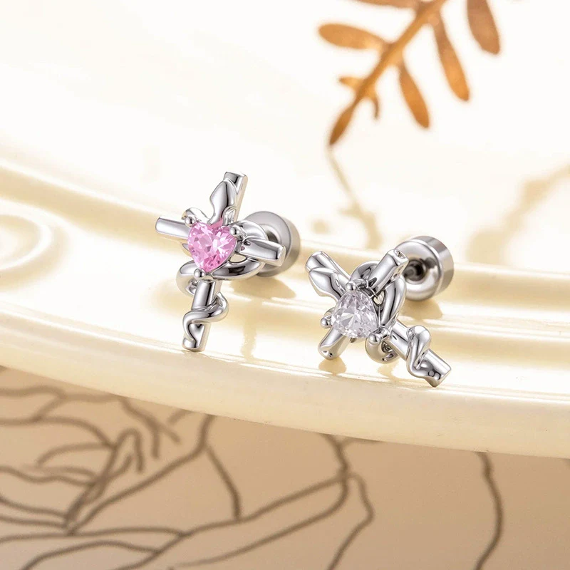 Metal Heartshaped And Snakeshaped Winding Cross Design Zircon Earrings For Couple Piercing Fashion Style