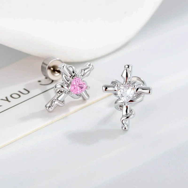 Metal Heartshaped And Snakeshaped Winding Cross Design Zircon Earrings For Couple Piercing Fashion Style - Image 2