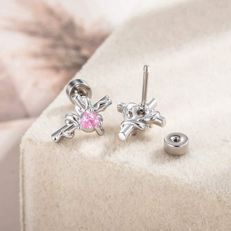 Metal Heartshaped And Snakeshaped Winding Cross Design Zircon Earrings For Couple Piercing Fashion Style - Image 4