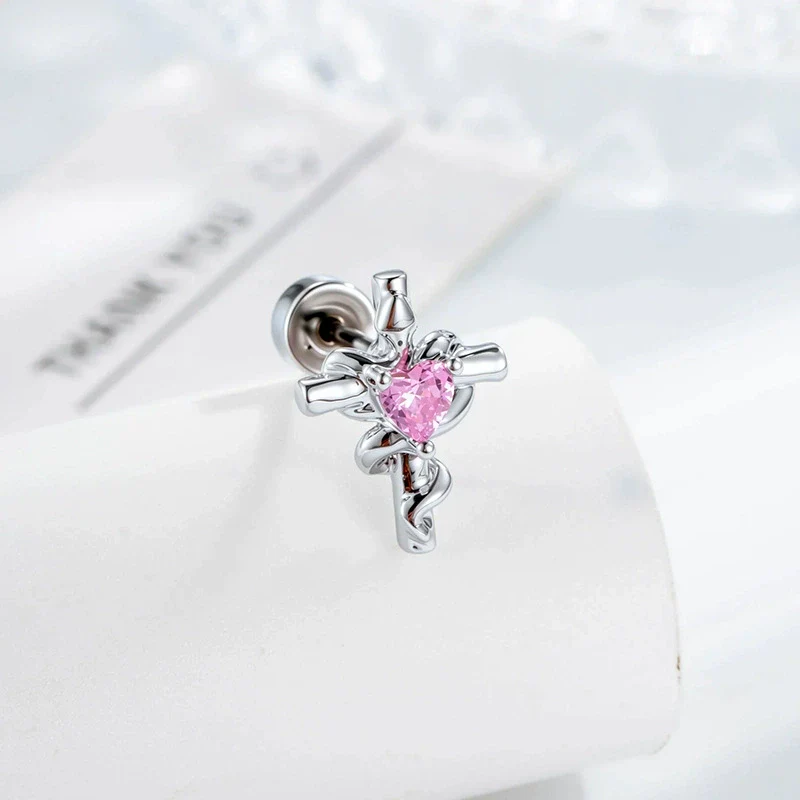 Metal Heartshaped And Snakeshaped Winding Cross Design Zircon Earrings For Couple Piercing Fashion Style - Image 6