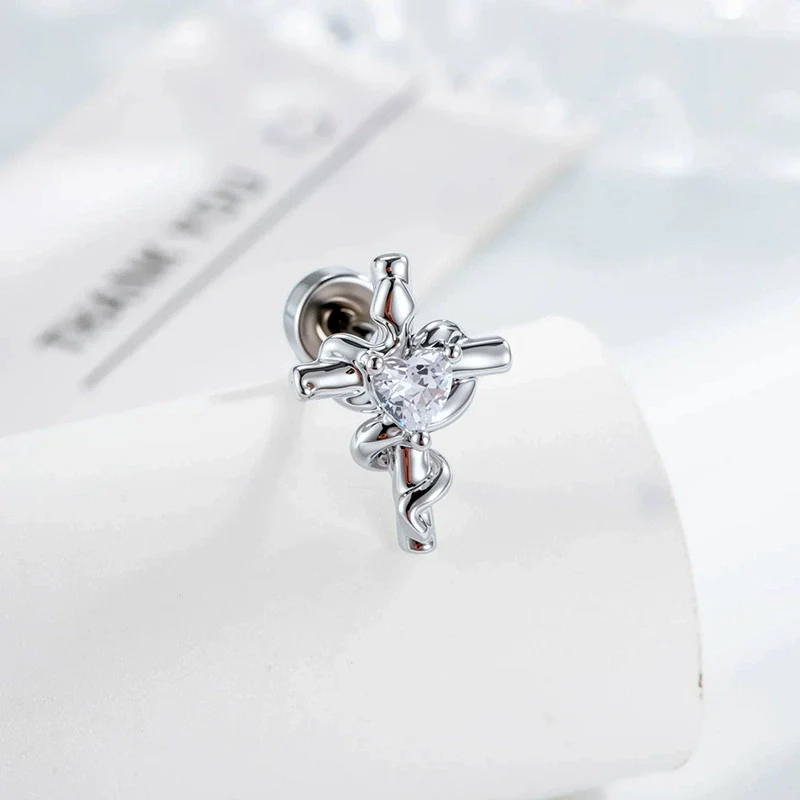 Metal Heartshaped And Snakeshaped Winding Cross Design Zircon Earrings For Couple Piercing Fashion Style - Image 7