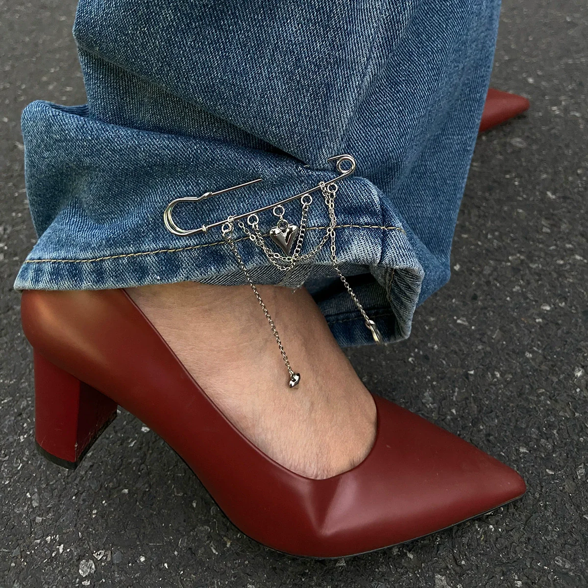 Metal Heartshaped Pendant Trouser Leg Chain Decoration Shortening Pin Brooch For Women Casual Style - Image 6