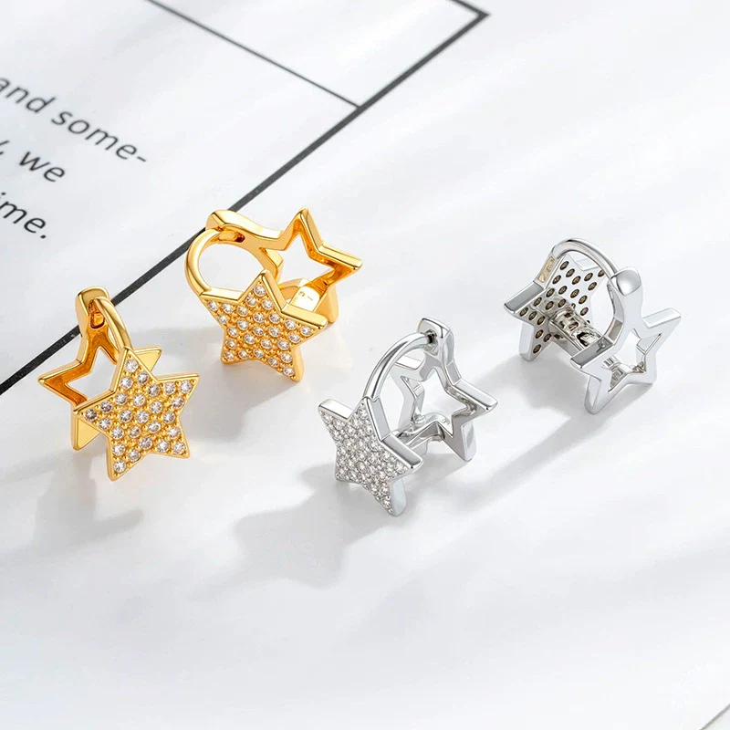 Metal Microencrusted Zircon Fivepointed Star Geometric Sweet Style Electroplated Women's Earrings