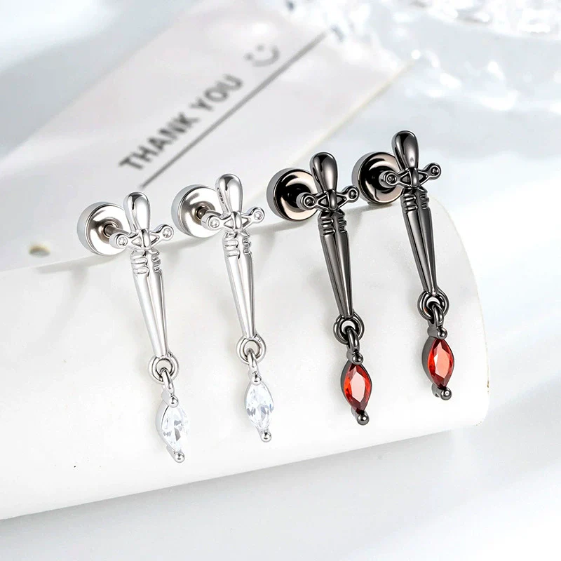 Metal Micropaved Zircon Dagger Cross Piercing Earrings For Couple