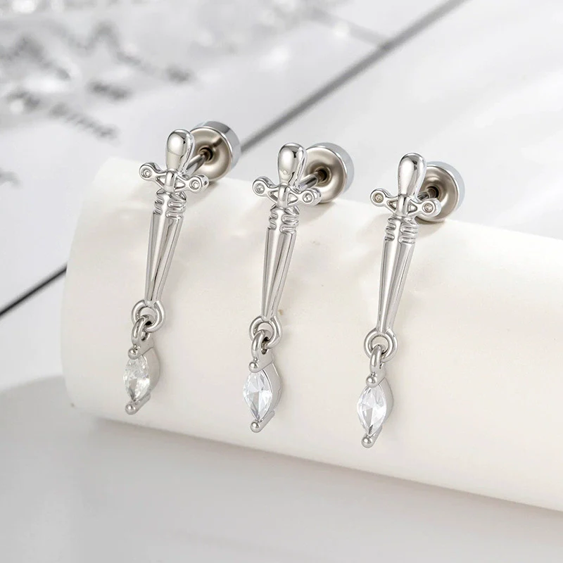 Metal Micropaved Zircon Dagger Cross Piercing Earrings For Couple - Image 4
