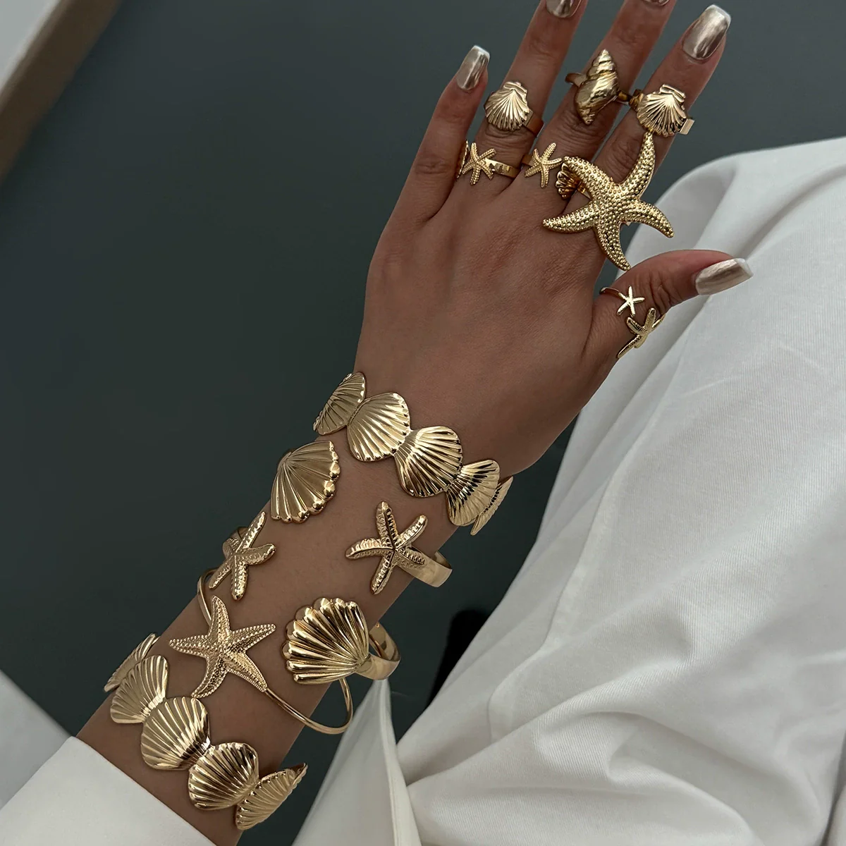Metal Starfish Scallop Geometric Open Bracelet Set For Women With Electroplating