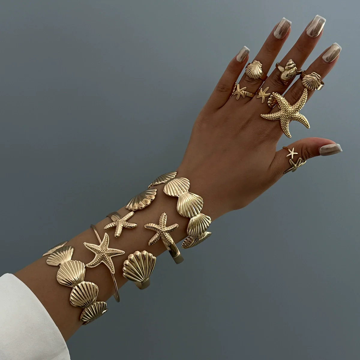 Metal Starfish Scallop Geometric Open Bracelet Set For Women With Electroplating - Image 2
