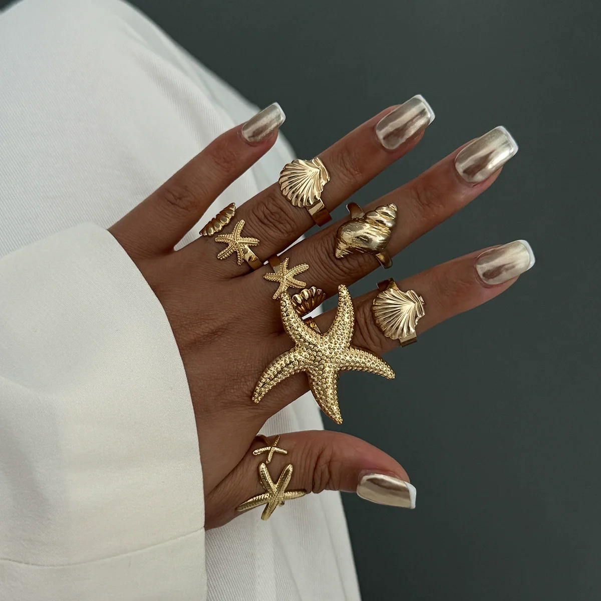 Metal Starfish Scallop Geometric Open Bracelet Set For Women With Electroplating - Image 6