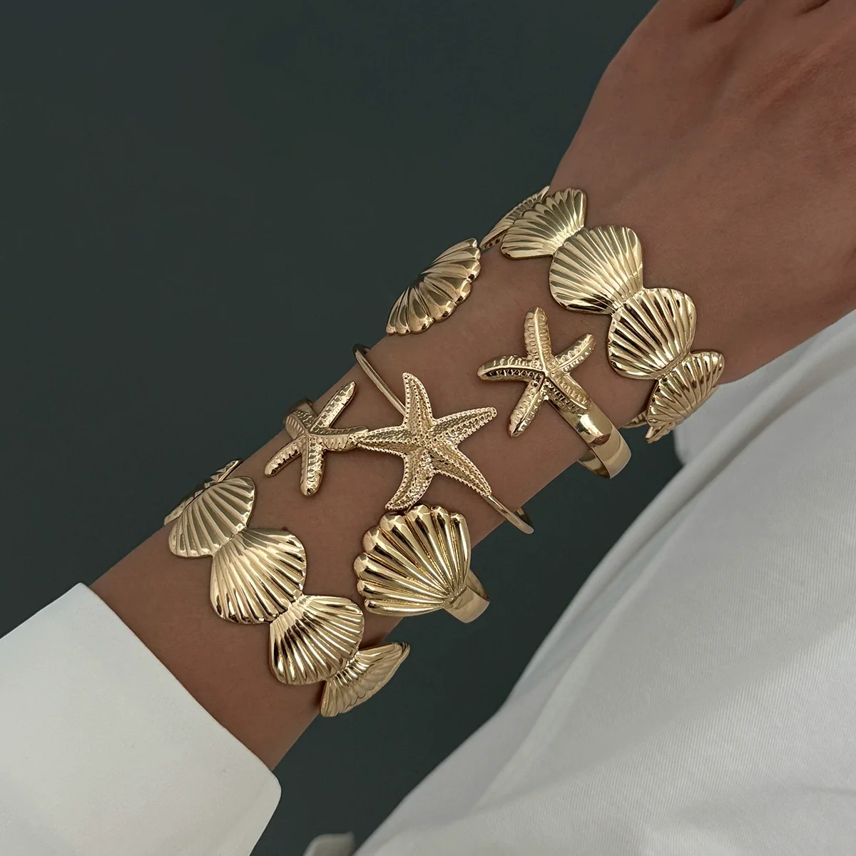 Metal Starfish Scallop Geometric Open Bracelet Set For Women With Electroplating - Image 8