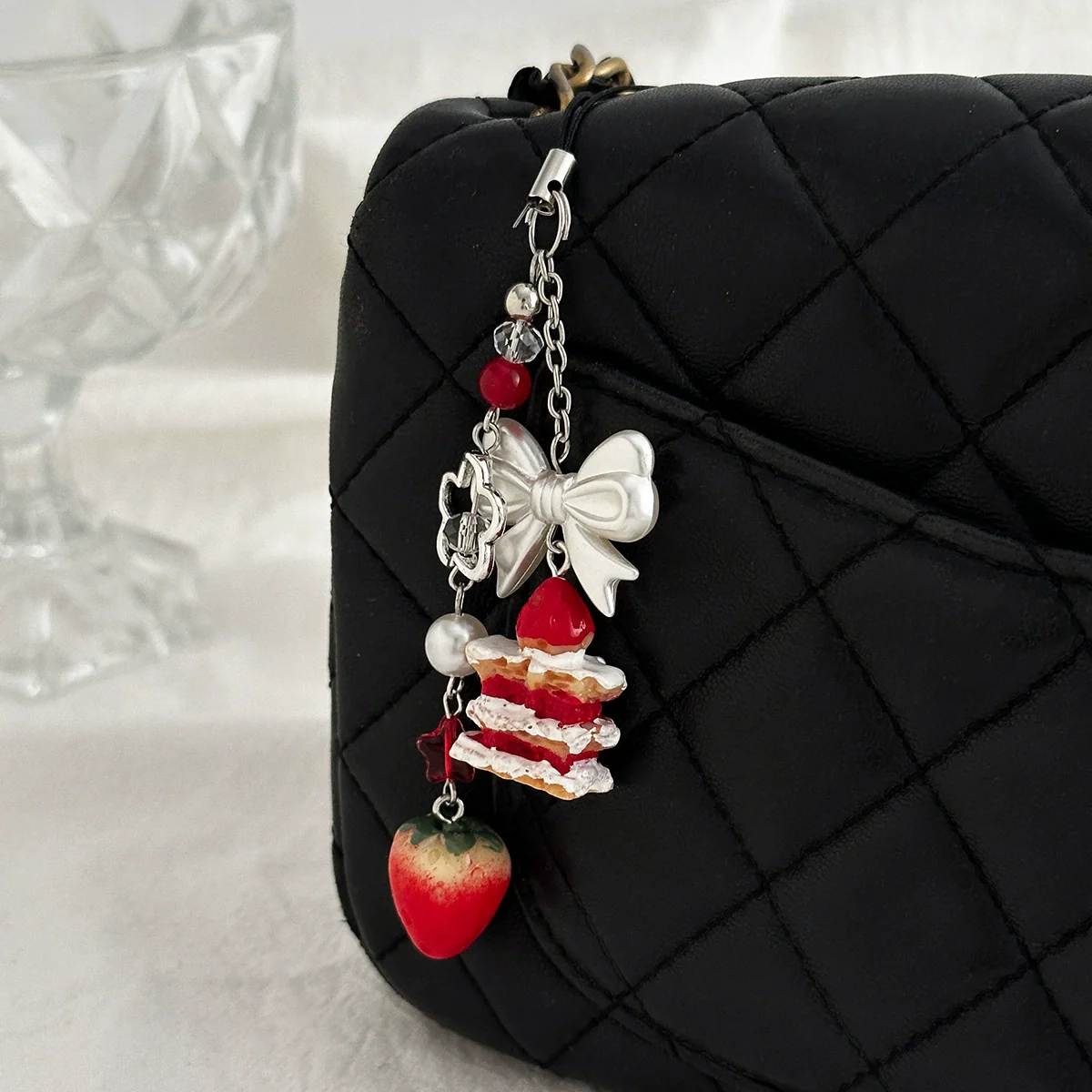 Metal Sweet Bow Strawberry Lollipop Star Keychain Mobile Phone Chain With Plants Flowers Pattern And Electroplating Processing - Image 3