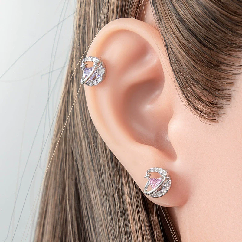 Metal Zircon Crescent Ear Bone Nail Piercing Earrings For Women - Image 2