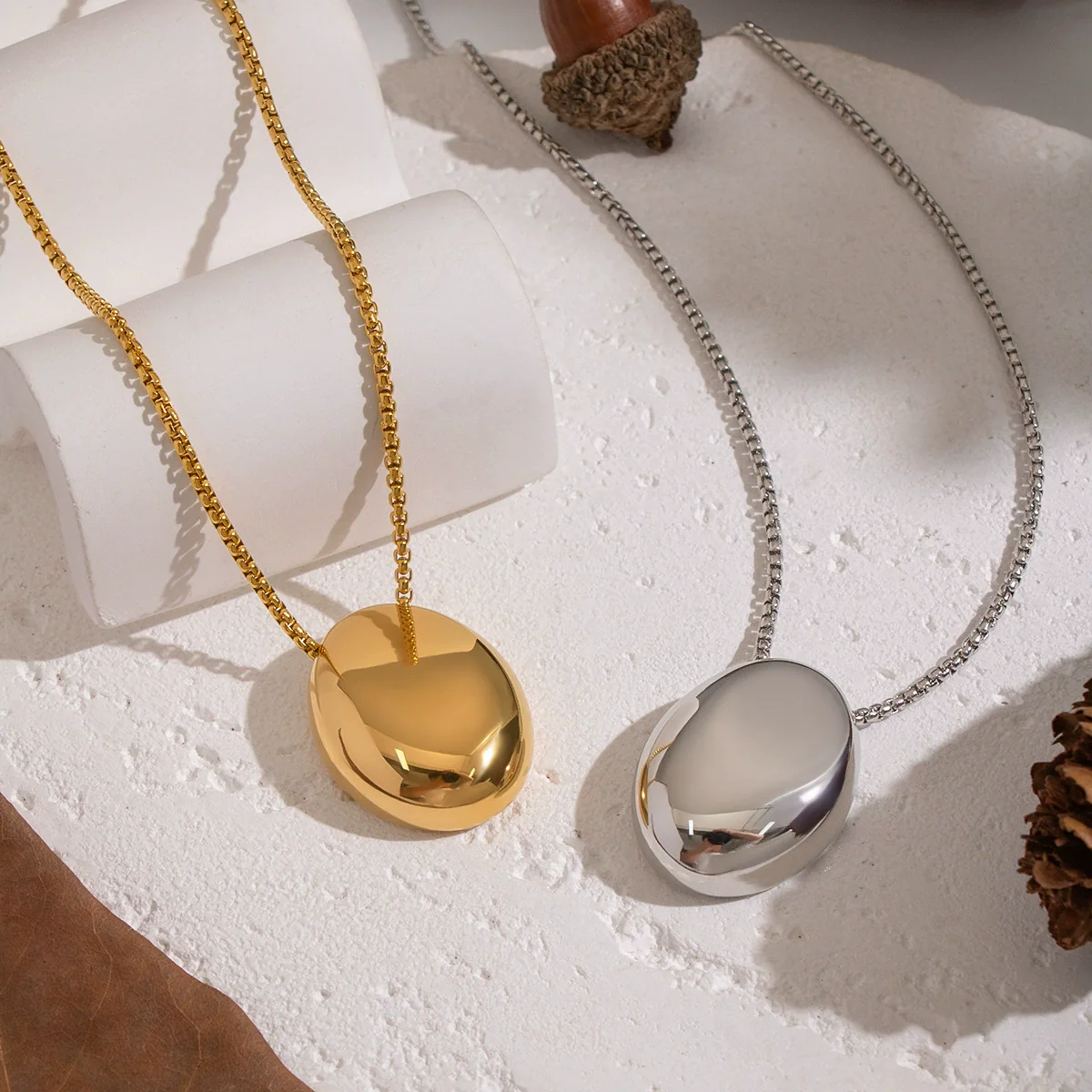 Minimalist Geometric Oval Pendant Sweater Necklace For Women Stainless Steel 18K Real Gold Plated