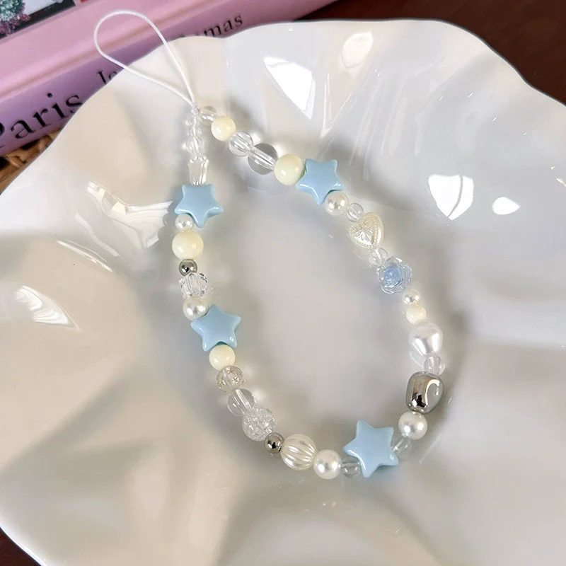 Mobile Phone Chain Lanyard Beaded Ornament Antilosing Rope Pendant Plastic Resin Blue Star Flowers Baking Paint - Image 6