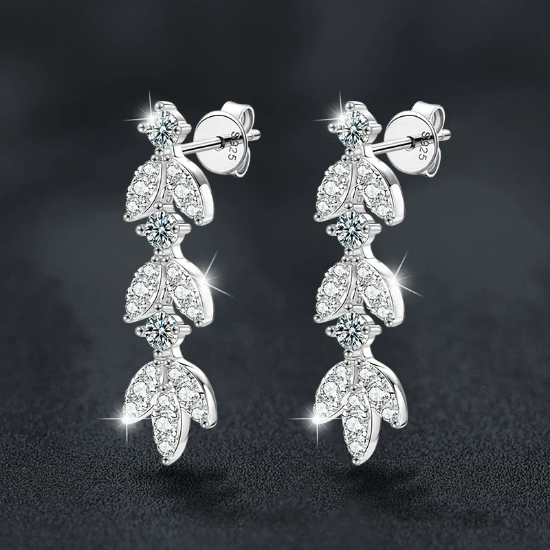 Moissanite Leaf Tassel Earrings S925 Silver Highend Jewelry - Image 2