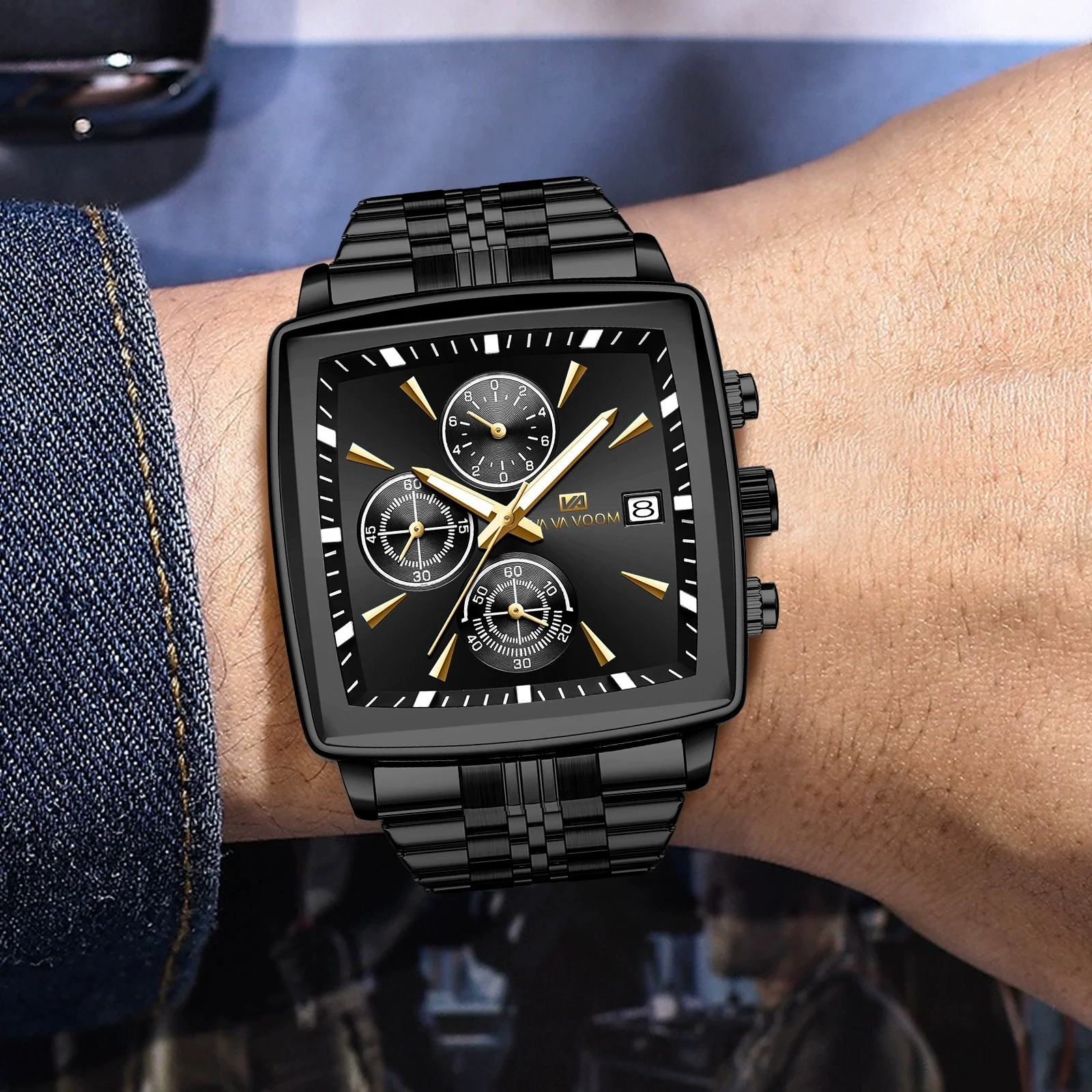 Multifunctional Business Men's Quartz Watch Alloy Case Stainless Steel Strap Square Dial Waterproof Luminous Calendar Threeeye Sixpin - Image 2