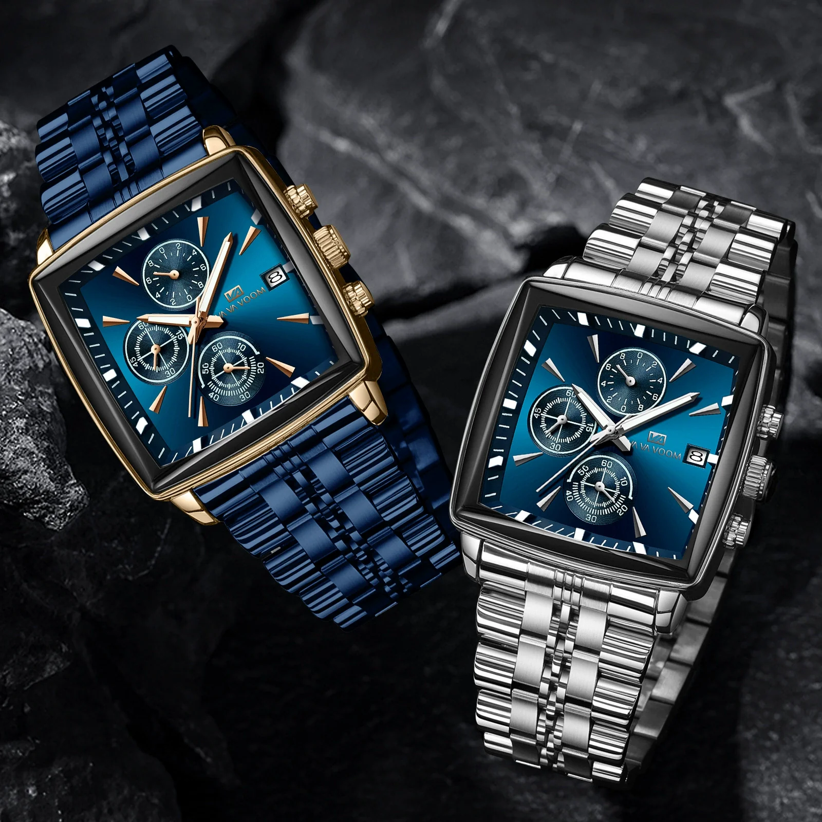 Multifunctional Business Men's Quartz Watch Alloy Case Stainless Steel Strap Square Dial Waterproof Luminous Calendar Threeeye Sixpin - Image 4