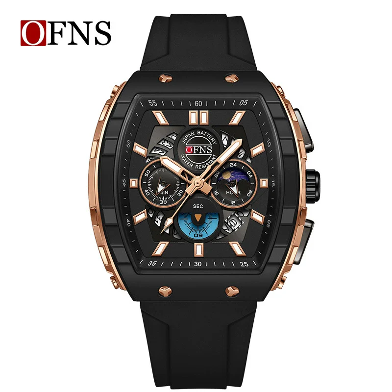 Multifunctional Chronograph Quartz Watch Abs Case Silicone Strap Wine Barrel Shape For Men - Image 2