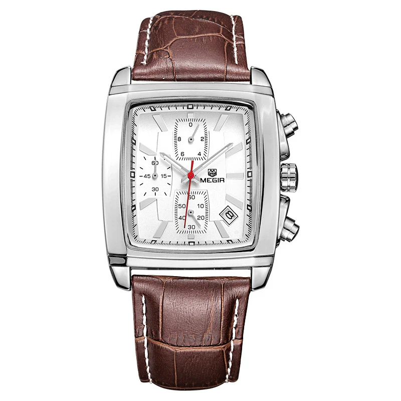 Multifunctional Chronograph Sports Men's Watch Alloy Case Genuine Leather Strap Stainless Steel Clasp Mineral Strengthened Glass Mirror Rectangle Dial - Image 2