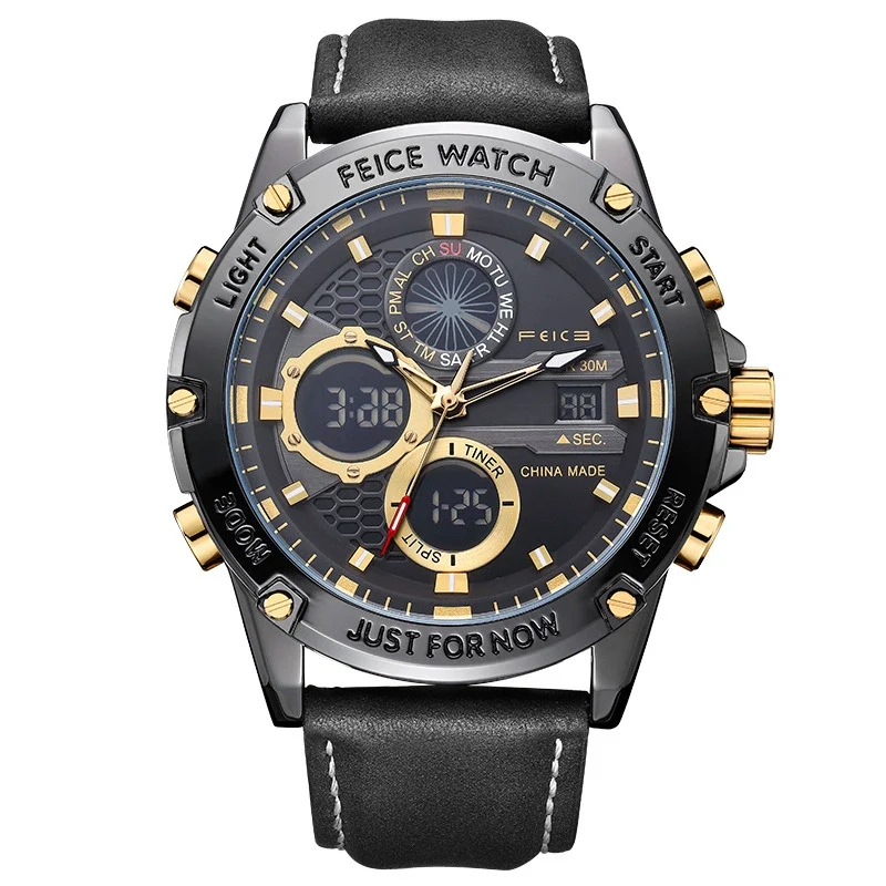 Multifunctional Dual Display Chronograph Luminous Large Dial Men's Watch Alloy Case Genuine Leather Strap Round Dial - Image 6