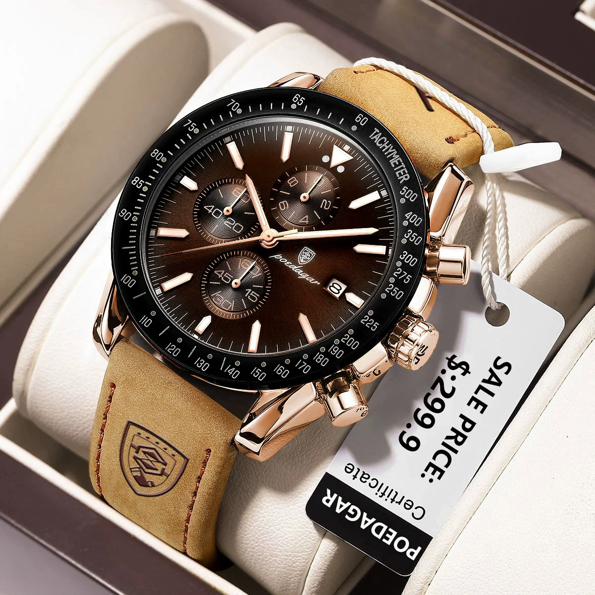 Multifunctional Luminous Men's Alloy And Genuine Leather Quartz Watch With Round Dial And Sport Style