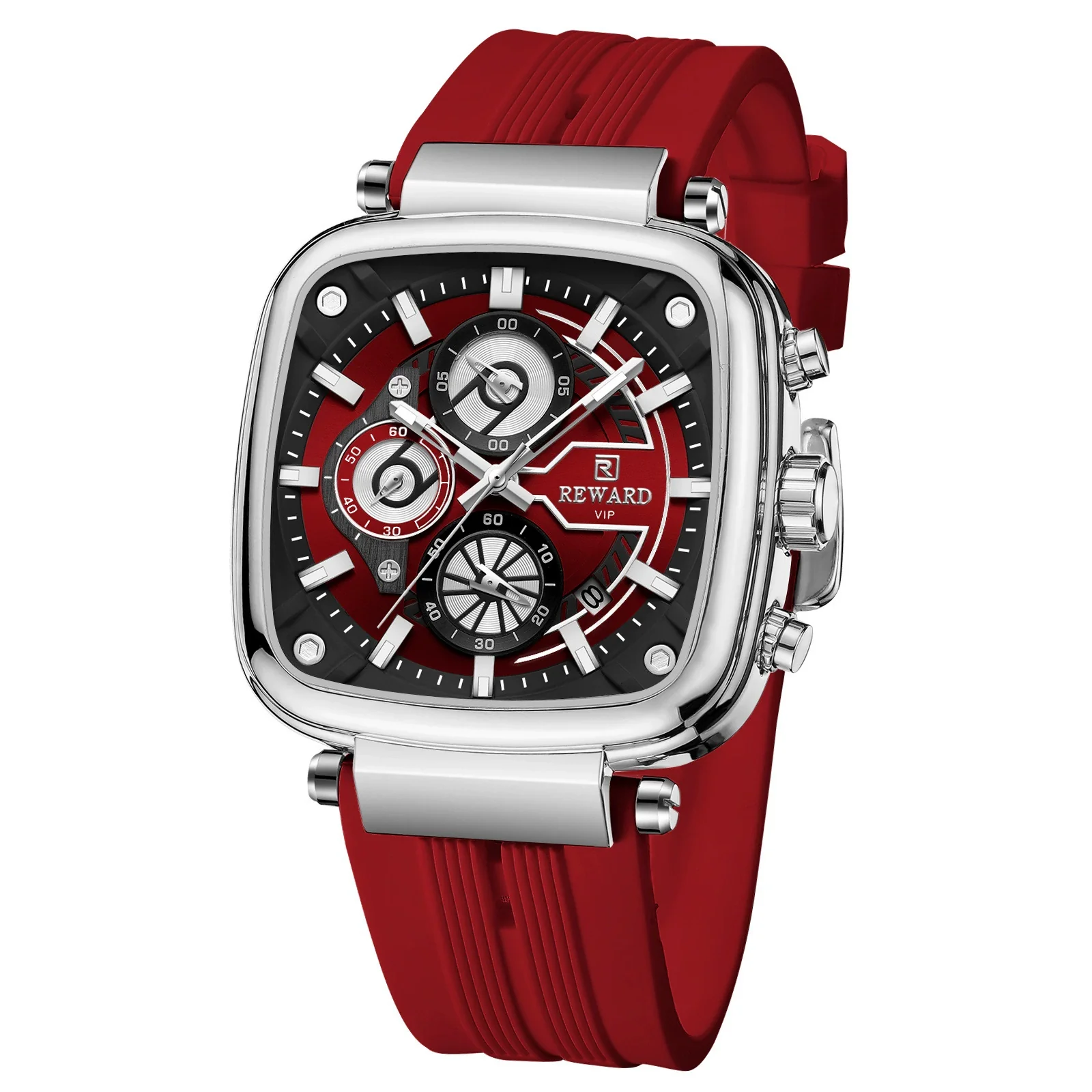 Multifunctional Sports Quartz Men's Watch With Silicone Strap Square Shape Waterproof Sixpin Chronograph Alloy Case Mineral Reinforced Mirror Stainless Steel Buckle