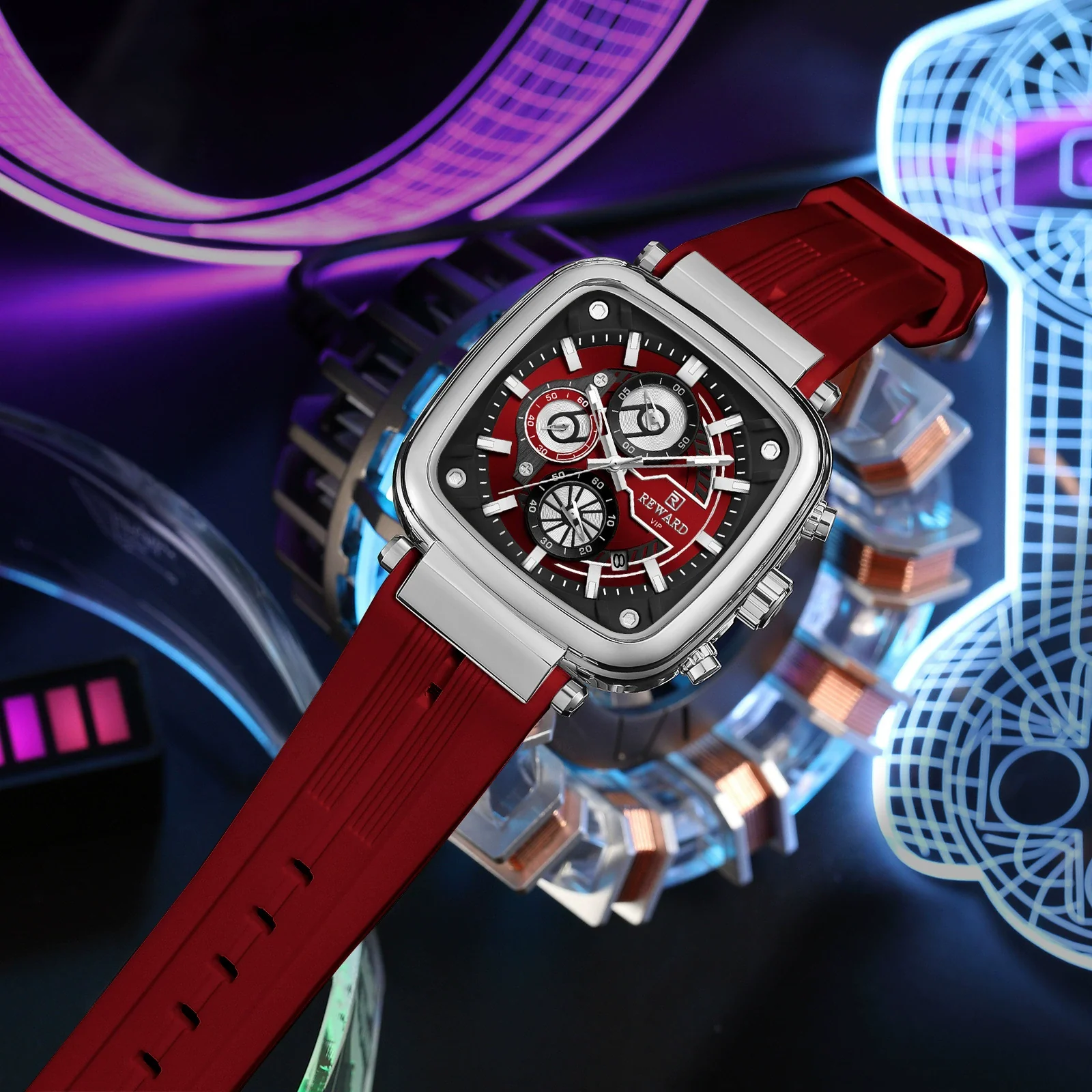 Multifunctional Sports Quartz Men's Watch With Silicone Strap Square Shape Waterproof Sixpin Chronograph Alloy Case Mineral Reinforced Mirror Stainless Steel Buckle - Image 3