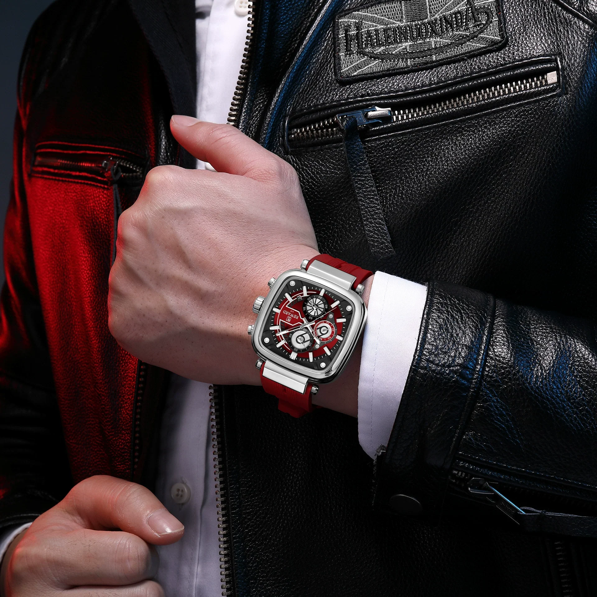 Multifunctional Sports Quartz Men's Watch With Silicone Strap Square Shape Waterproof Sixpin Chronograph Alloy Case Mineral Reinforced Mirror Stainless Steel Buckle - Image 4