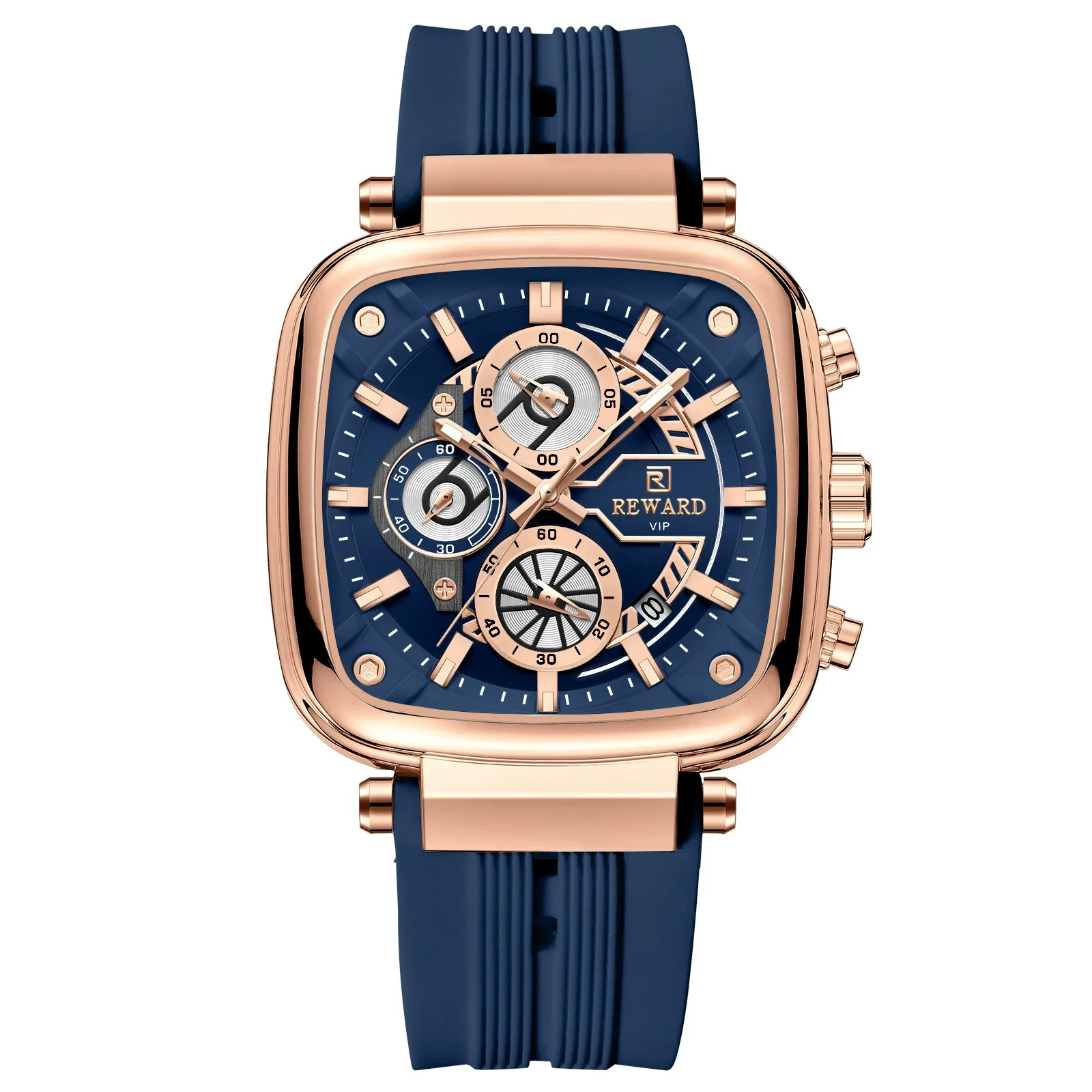 Multifunctional Sports Quartz Men's Watch With Silicone Strap Square Shape Waterproof Sixpin Chronograph Alloy Case Mineral Reinforced Mirror Stainless Steel Buckle - Image 5