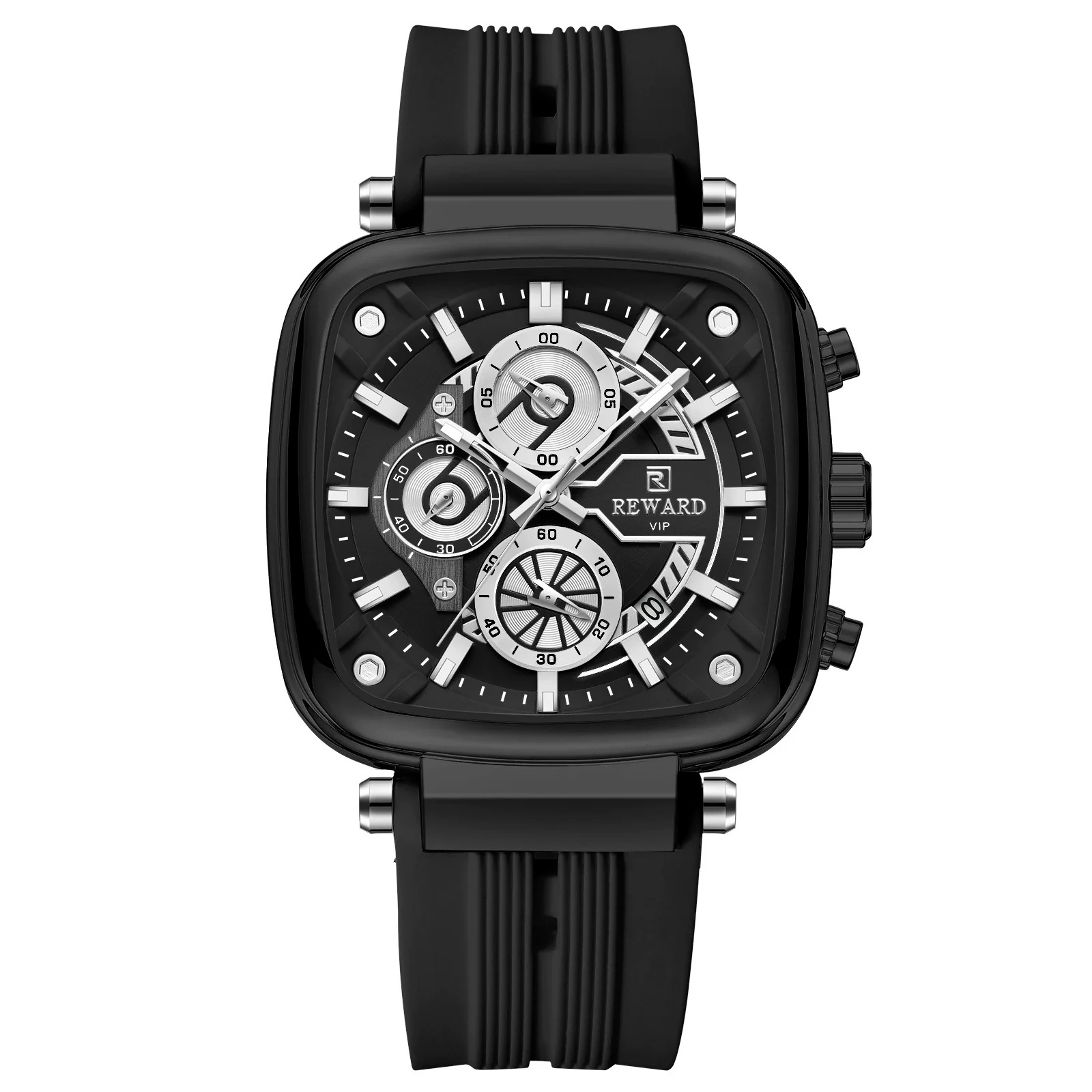 Multifunctional Sports Quartz Men's Watch With Silicone Strap Square Shape Waterproof Sixpin Chronograph Alloy Case Mineral Reinforced Mirror Stainless Steel Buckle - Image 6