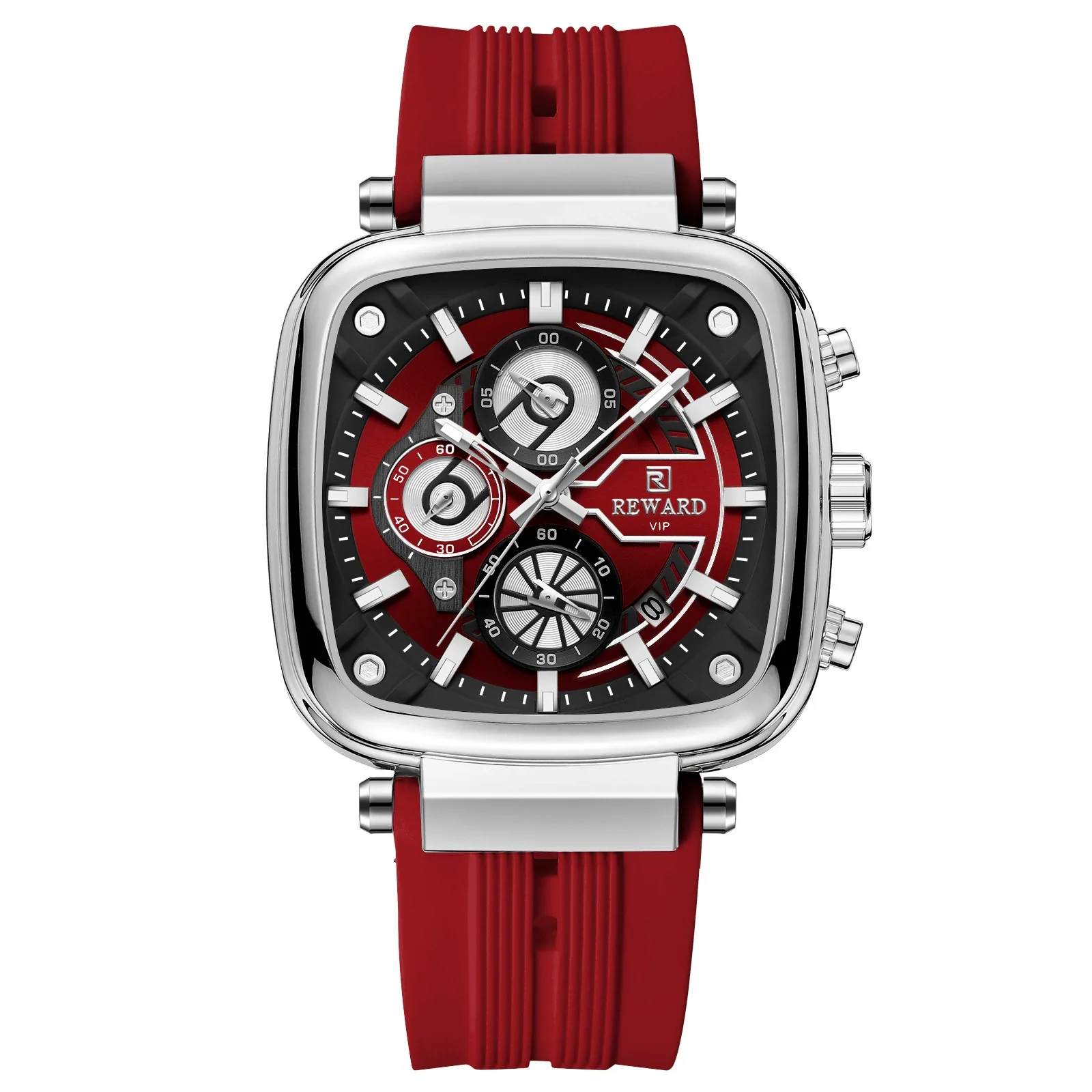 Multifunctional Sports Quartz Men's Watch With Silicone Strap Square Shape Waterproof Sixpin Chronograph Alloy Case Mineral Reinforced Mirror Stainless Steel Buckle - Image 7